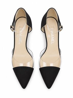 CHANEL Black PVC & Satin Cap Toe D’Orsay Pumps Heels Size 38 Made in Italy